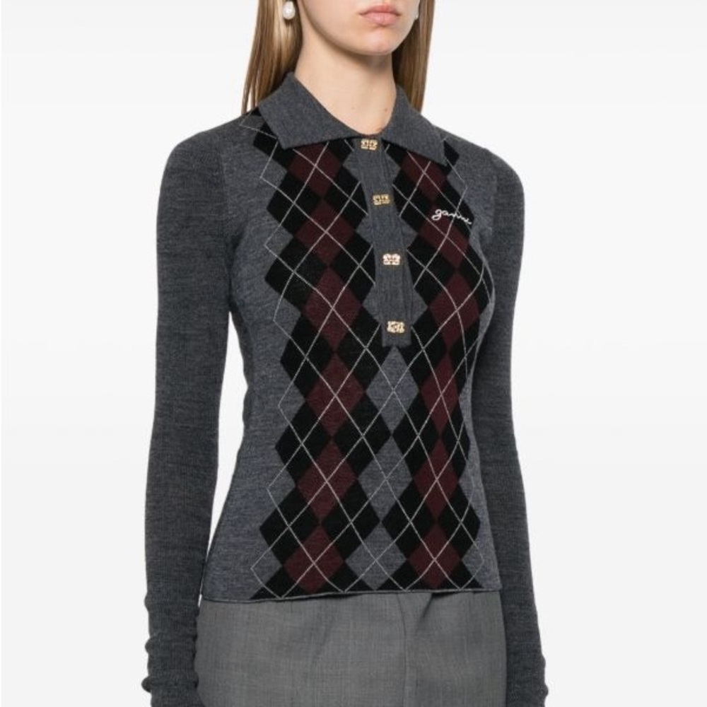 GANNI Knitted Argyle Polo Top – Charcoal Grey, Size XS